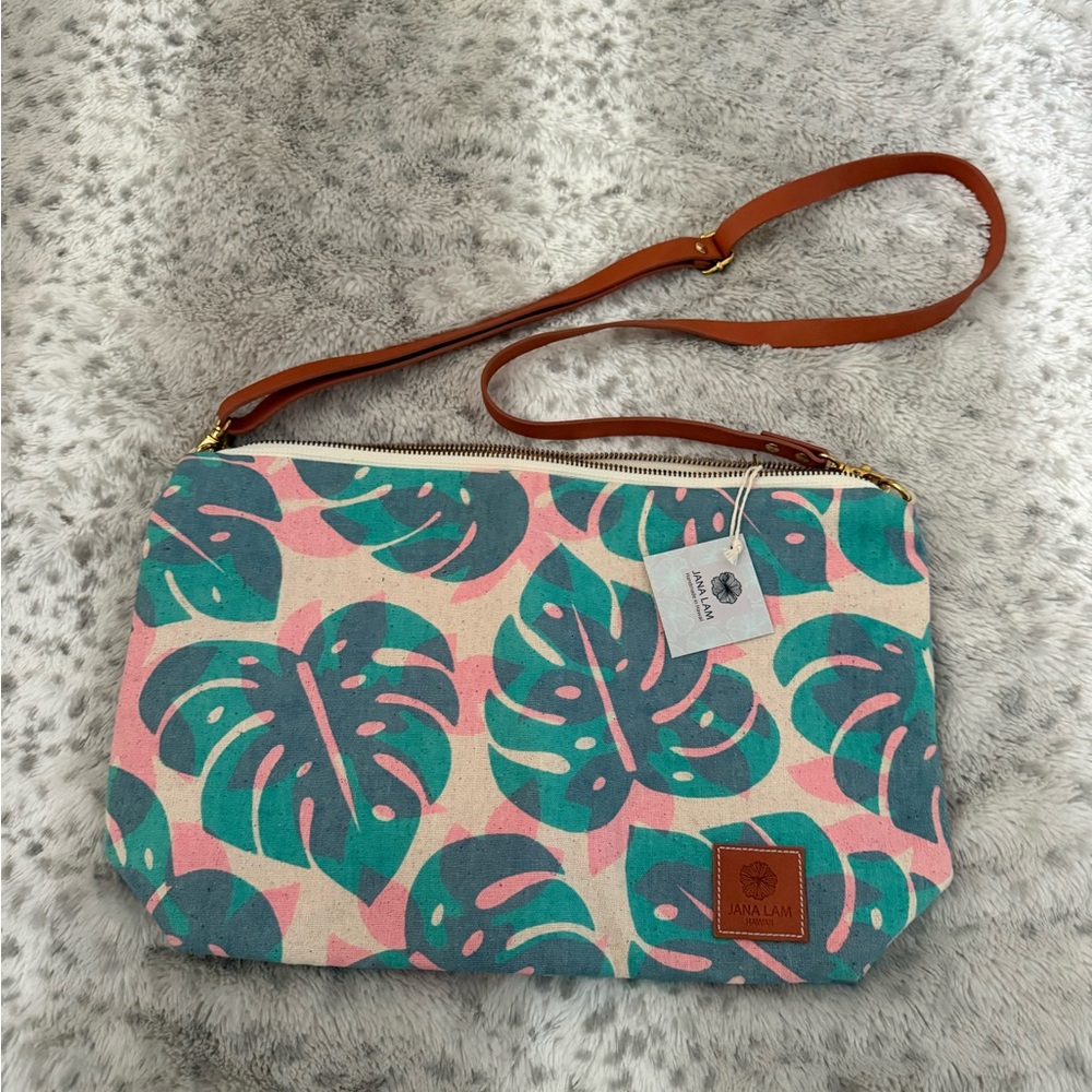Jana Lam Hawaii Pink Blue Monstera Print Zip Bag